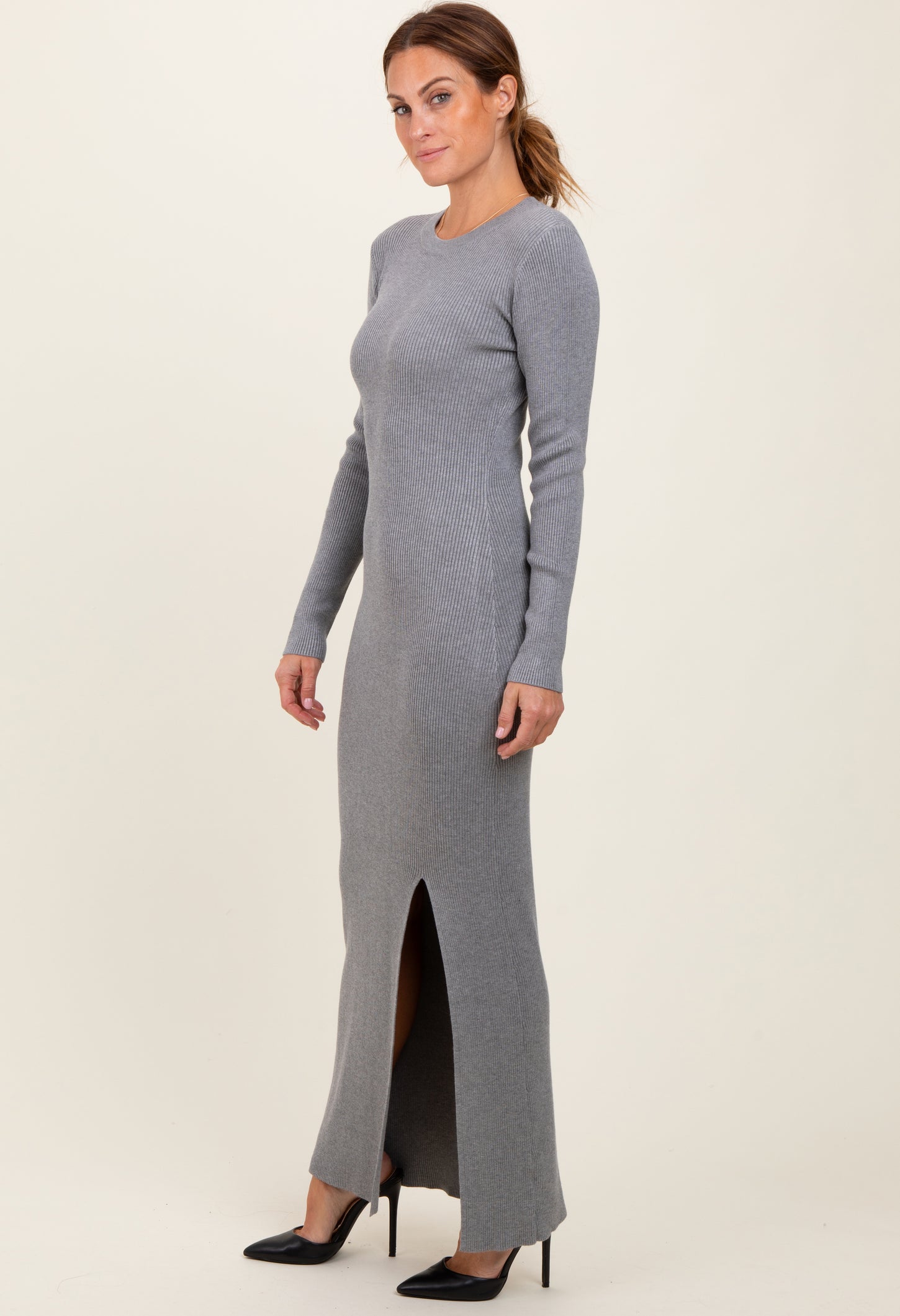 Heather Grey Ribbed Knit Long Sleeve Side Slit Maxi Dress