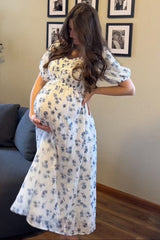 Blue Floral Smocked Bodice Maternity Midi Dress