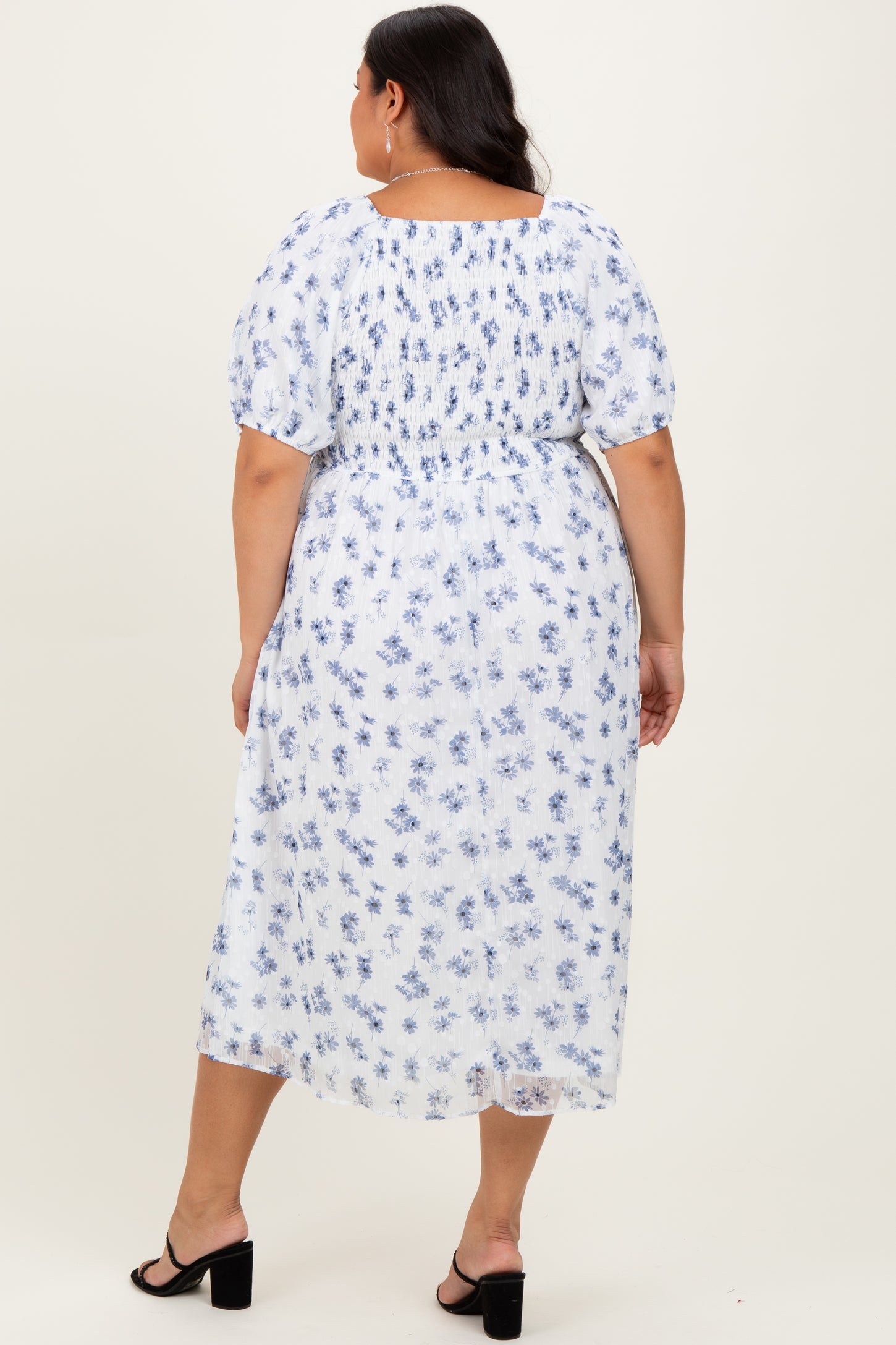 Blue Smocked Cinched Bodice Plus Midi Dress