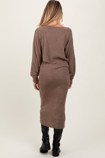 Mocha Ribbed Knit Asymmetric Top Midi Skirt Maternity Set