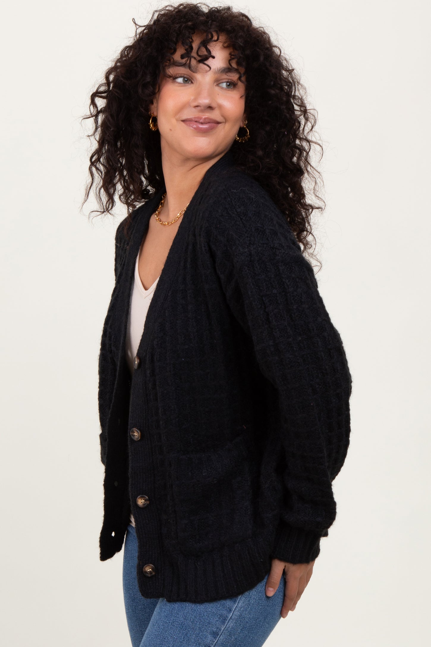 Black Waffle Knit Button Up Cardigan