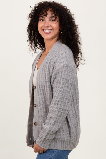 Heather Grey Waffle Knit Button Up Cardigan