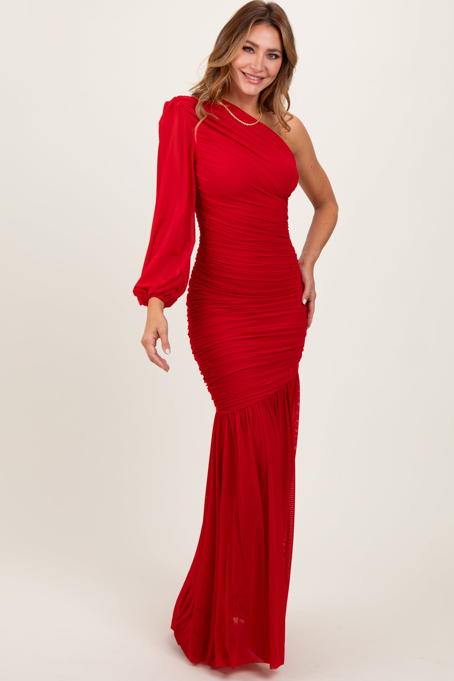 Red Ruched Mesh One Shoulder Asymmetric Maxi Dress