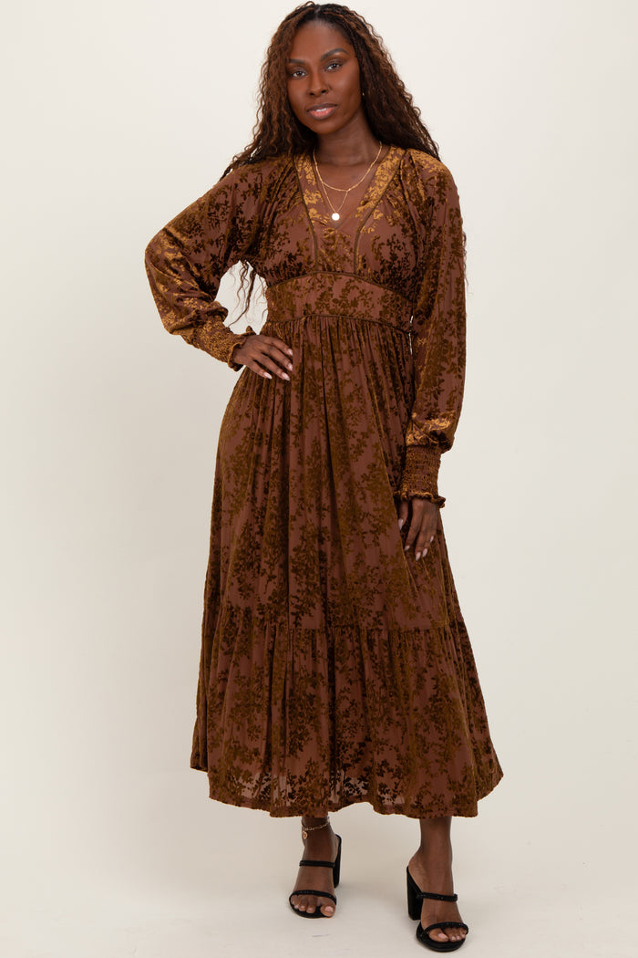 Mocha Floral Velvet Overlay Maxi Dress
