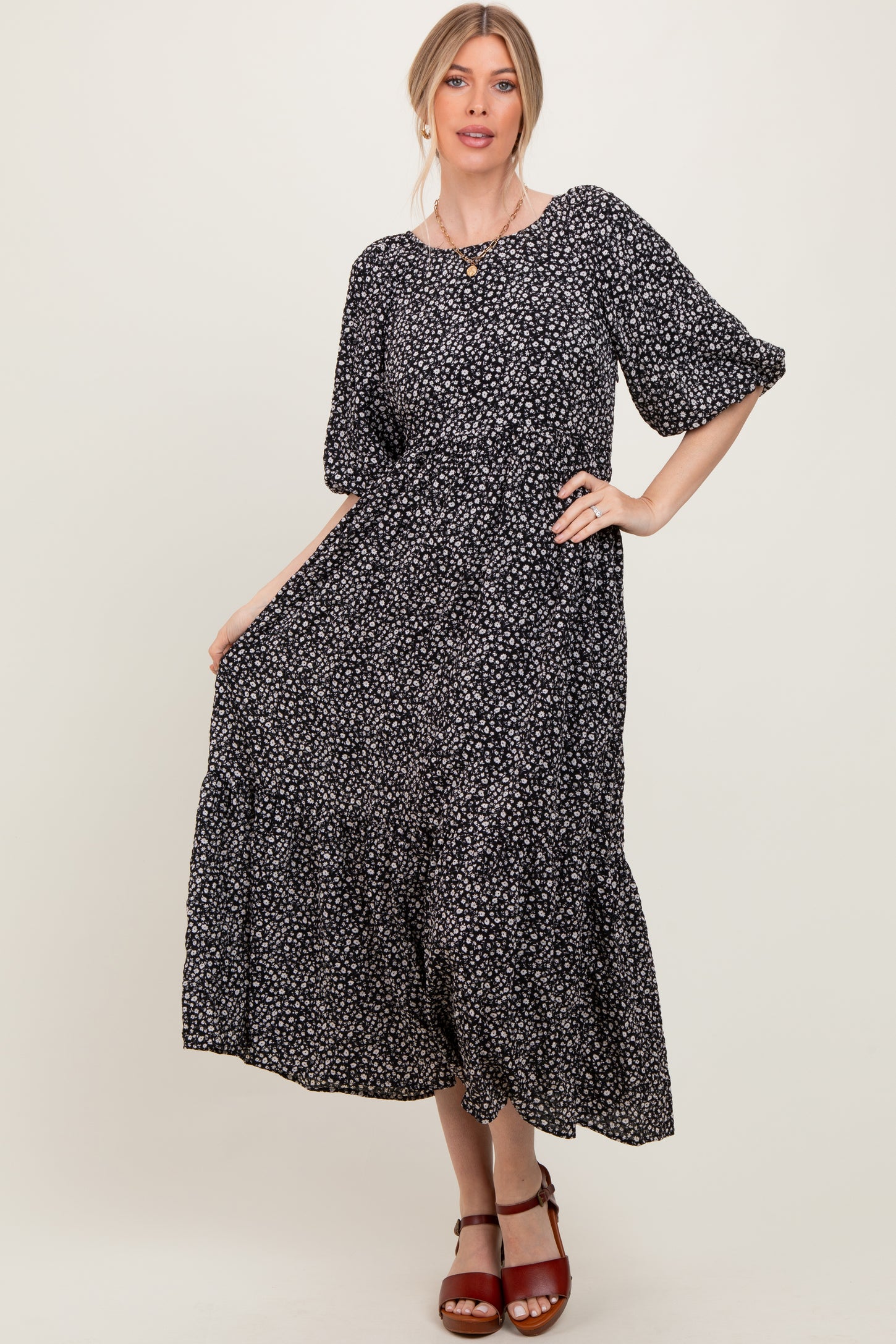 Black Floral Puffed Short Sleeve Maxi Dress
