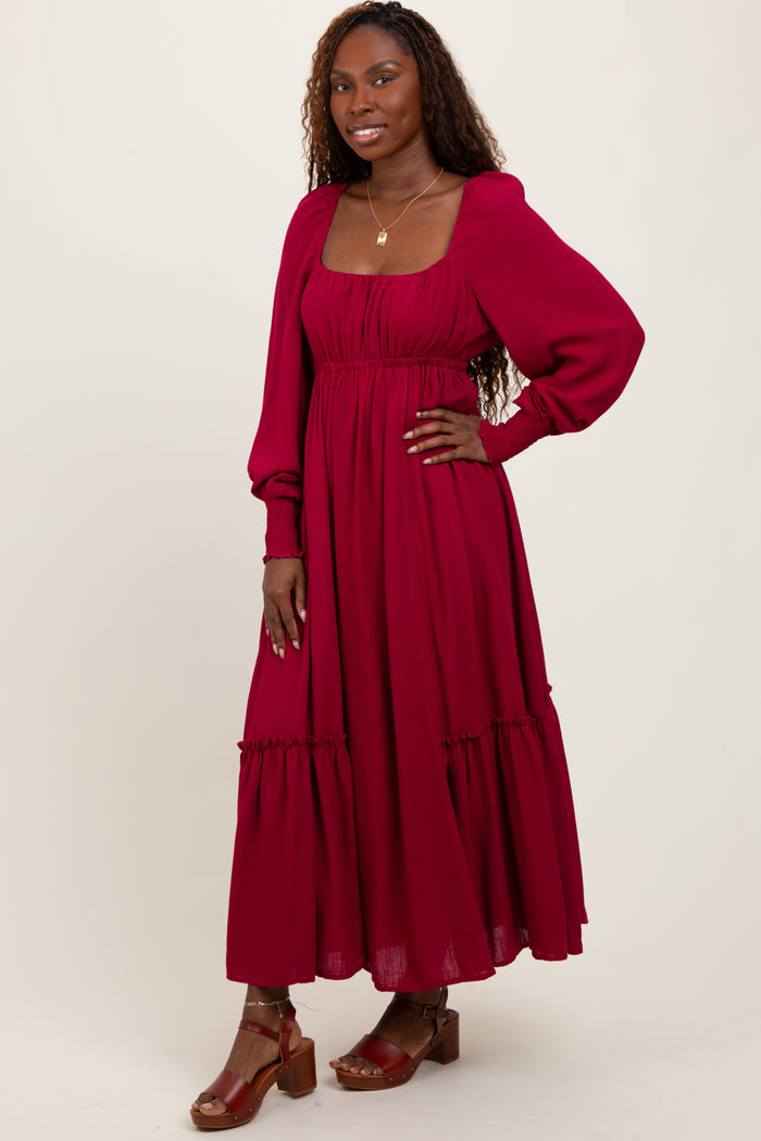 Burgundy Square Neckline Bubble Sleeve Maxi Dress