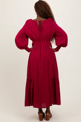 Burgundy Square Neckline Bubble Sleeve Maxi Dress