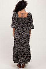 Black Damask Print Smocked Maxi Dress