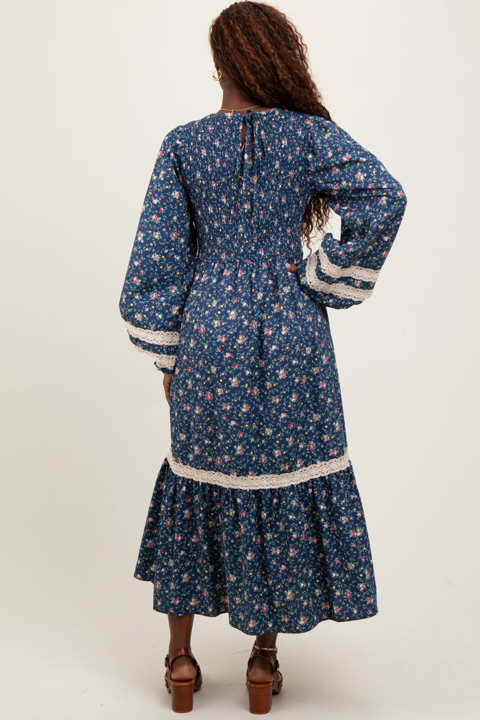 Blue Smocked Floral Crochet Lace Trim Maxi Dress