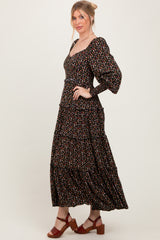 Black Floral Button Accent Bodice Tiered Maxi Dress
