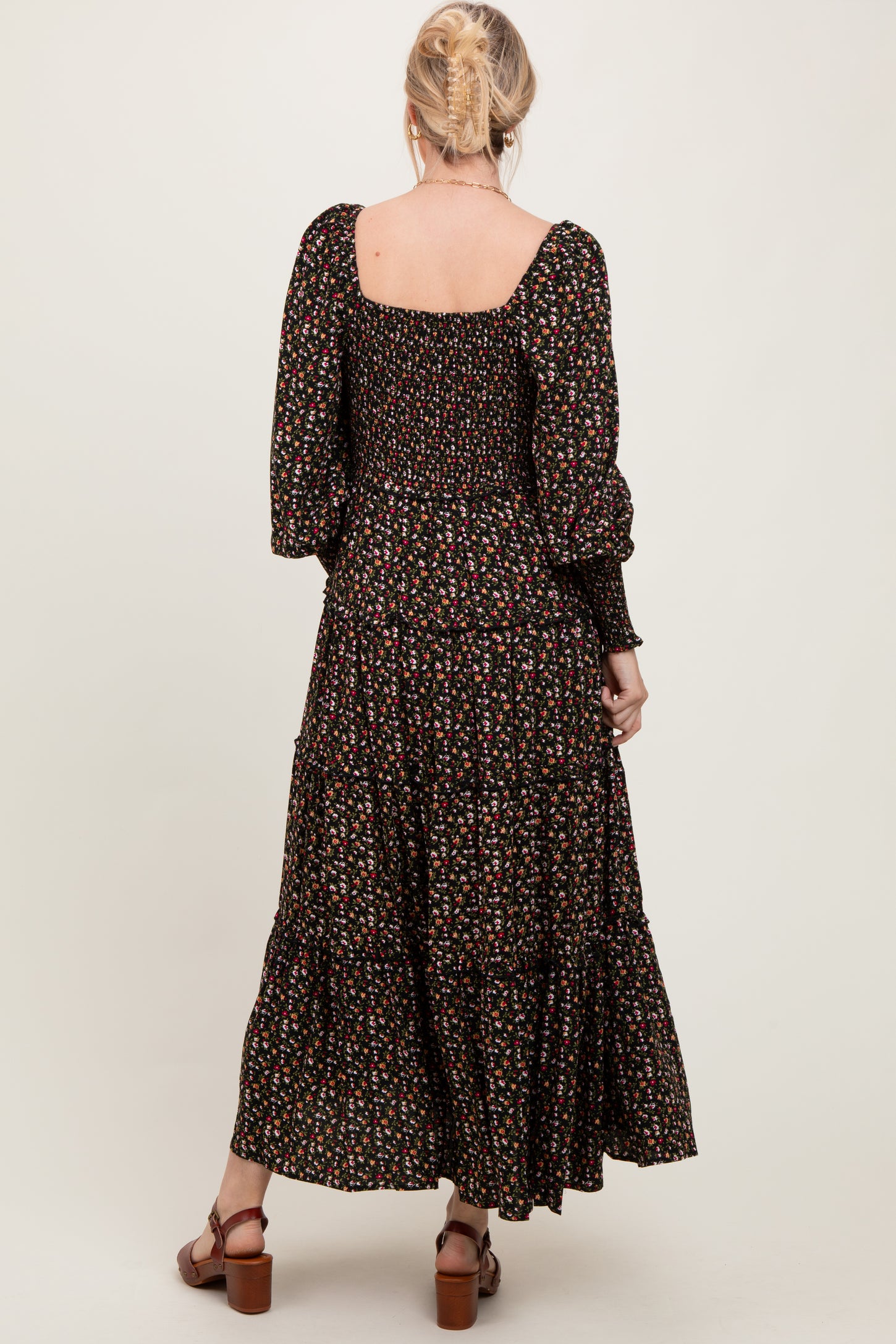 Black Floral Button Accent Bodice Tiered Maxi Dress