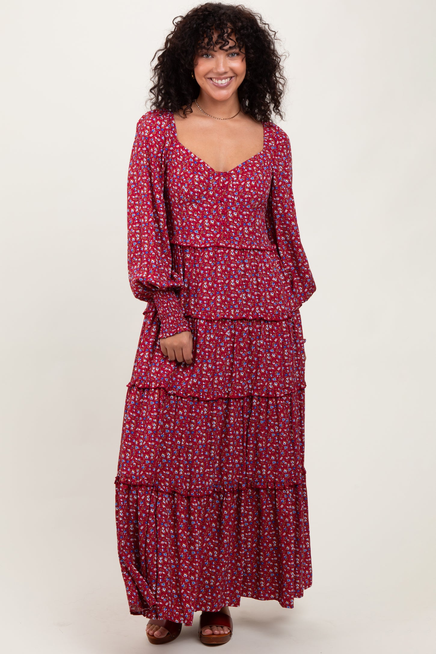 Burgundy Floral Button Accent Bodice Tiered Maternity Maxi Dress