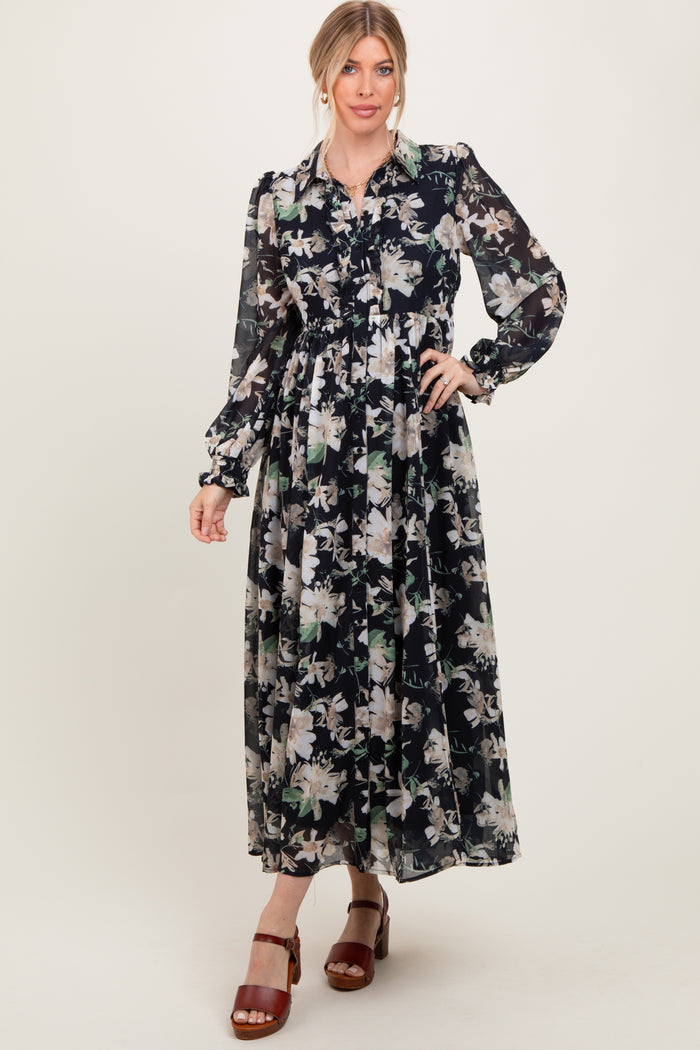 Black Floral Chiffon Ruffle Accent Button Down Maxi Dress
