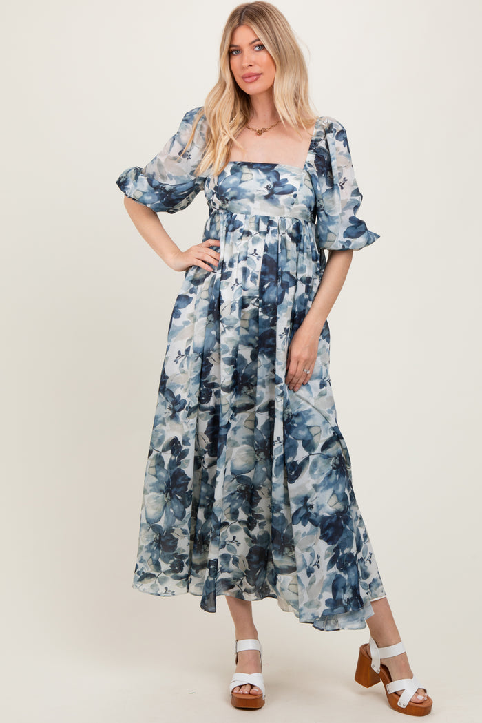 Navy Floral 3/4 Puff Sleeve Maxi Dress