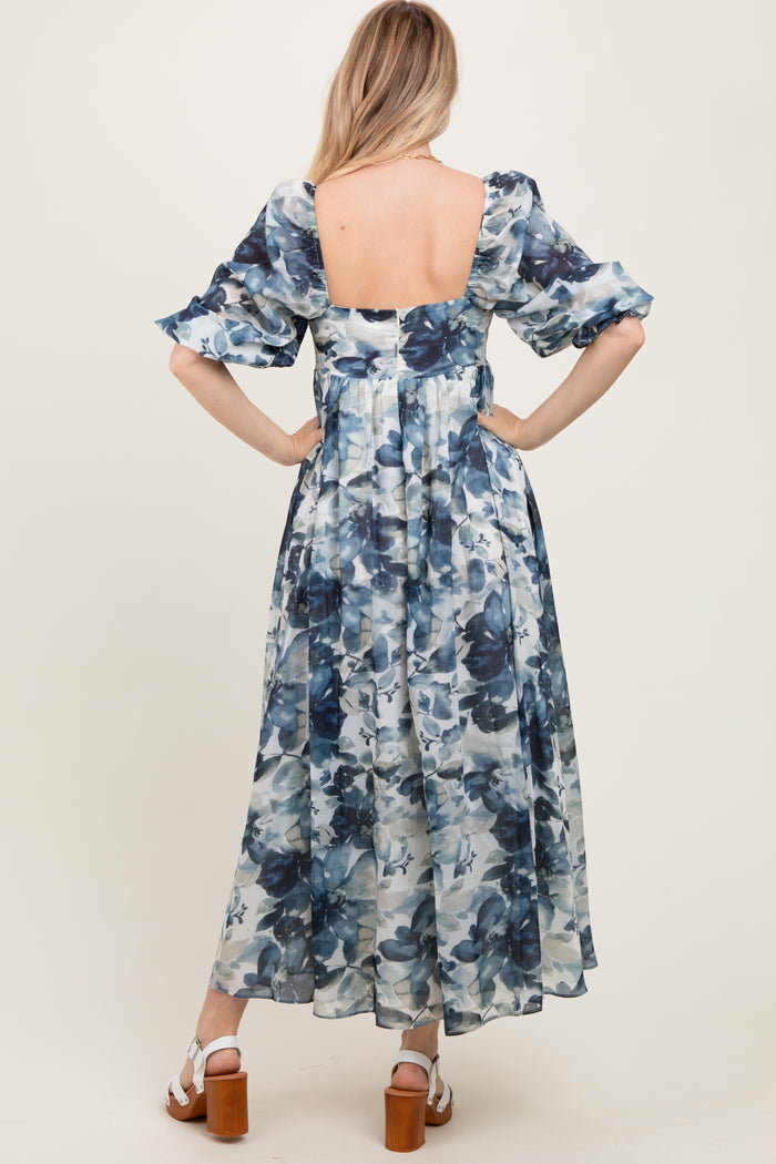 Navy Floral 3/4 Puff Sleeve Maxi Dress