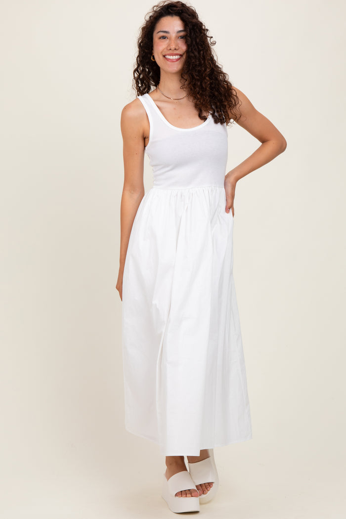 White Scoop Neck Contrast Skirt Maxi Dress
