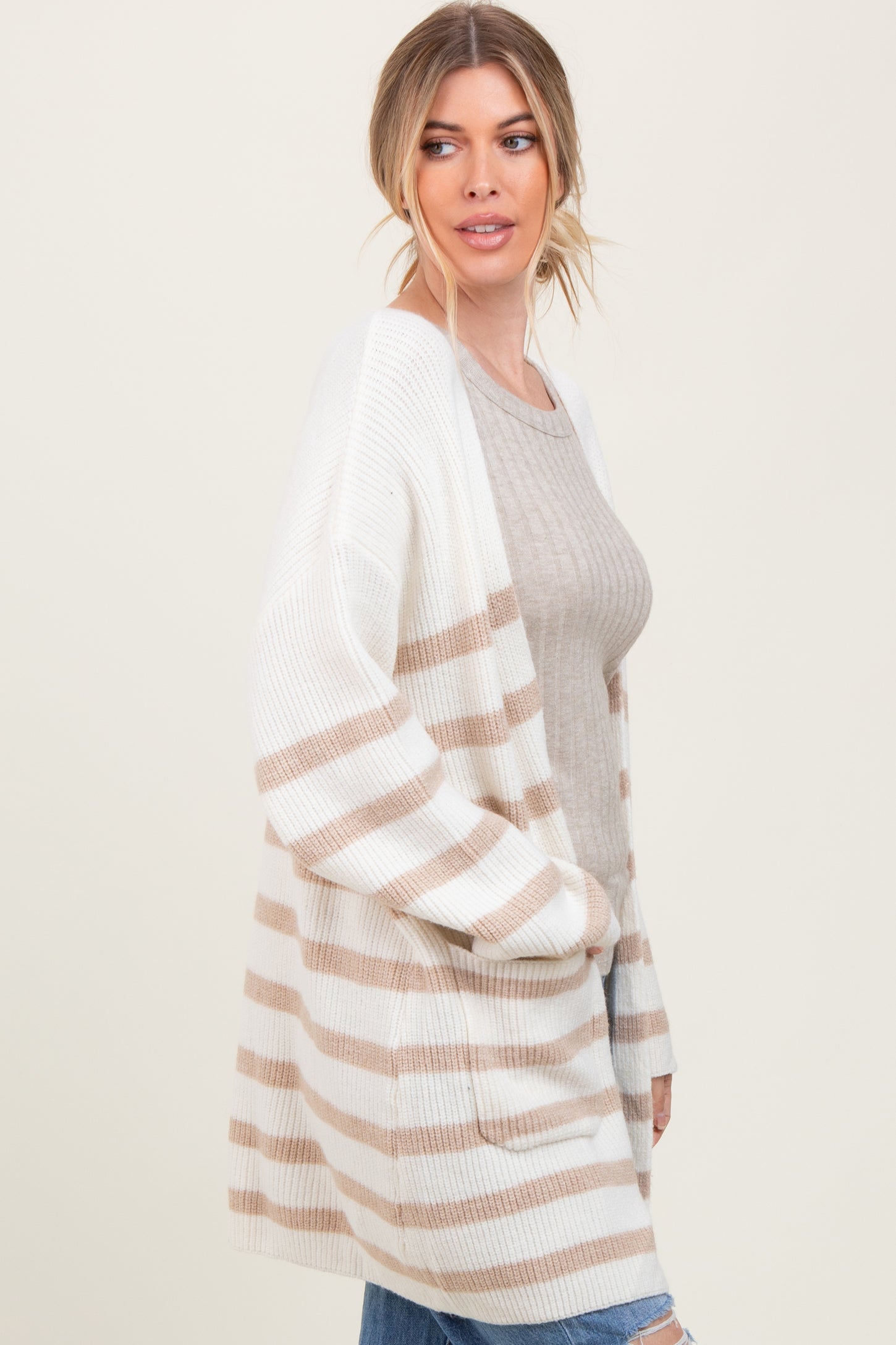 Ivory Beige Knit Striped Long Cardigan