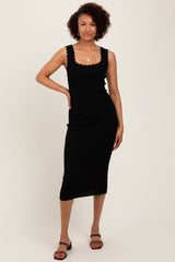 Black Scallop Trim Ribbed Knit Sleeveless Midi Dress