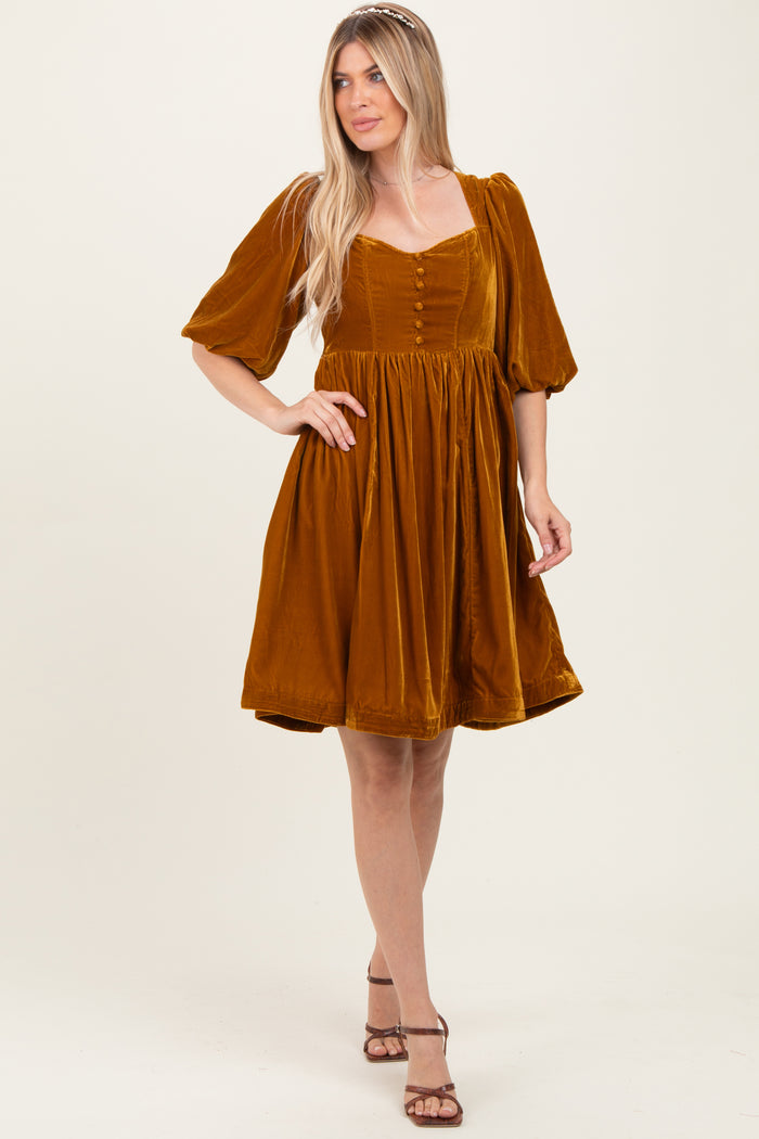 Camel Velvet Sweetheart Button Accent Dress
