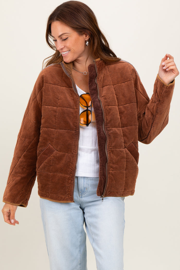 Brown Quilted Corduroy Puffer Jacket