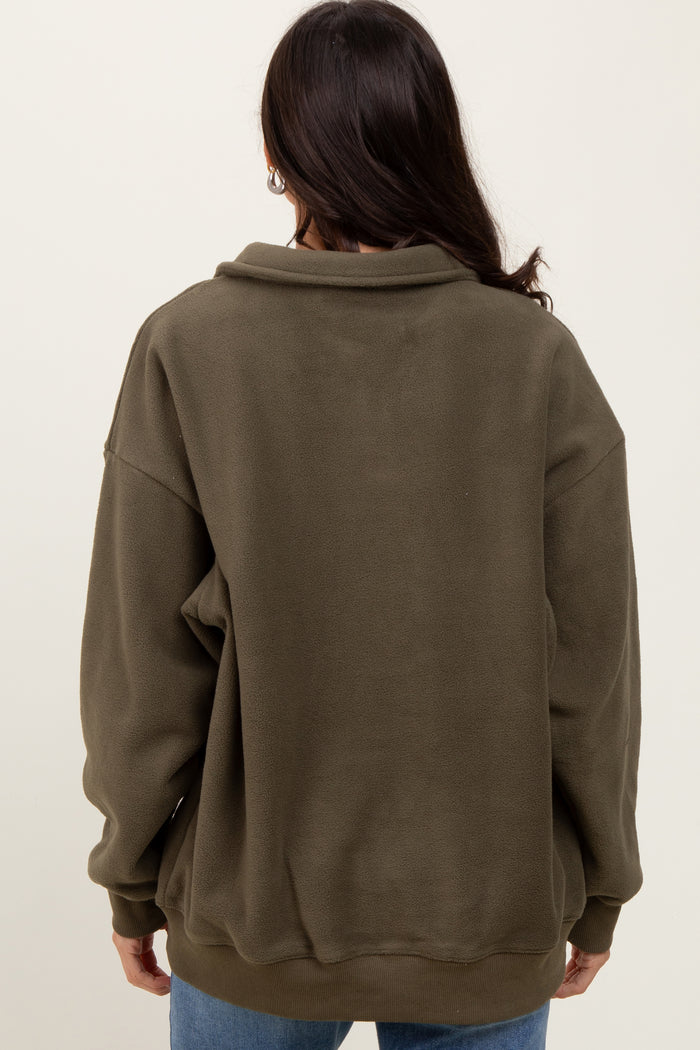 Olive Fleece Collared Button Up Pullover