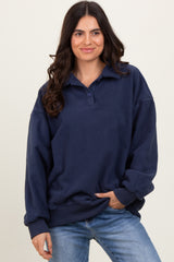 Navy Fleece Collared Button Up Pullover