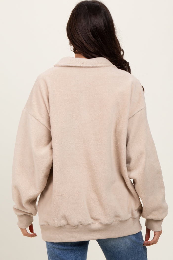 Beige Fleece Collared Button Up Pullover