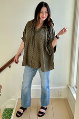 Olive Checker Print Short Sleeve Oversized Maternity Blouse