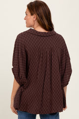 Brown Checker Print Short Sleeve Oversized Blouse
