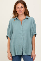 Light Olive Checker Print Short Sleeve Oversized Blouse