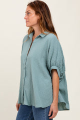 Light Olive Checker Print Short Sleeve Oversized Blouse