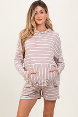 Beige Cozy Striped Ribbed Two-Piece Maternity Lounge Set