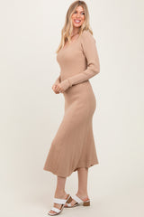 Beige Ribbed Knit Maxi Sweater Dress