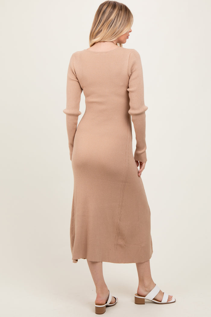 Beige Ribbed Knit Maxi Sweater Dress