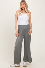 Olive Ribbed Smocked Waistband Wide Leg Pants