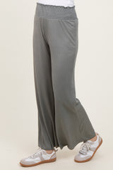 Olive Ribbed Smocked Waistband Wide Leg Pants