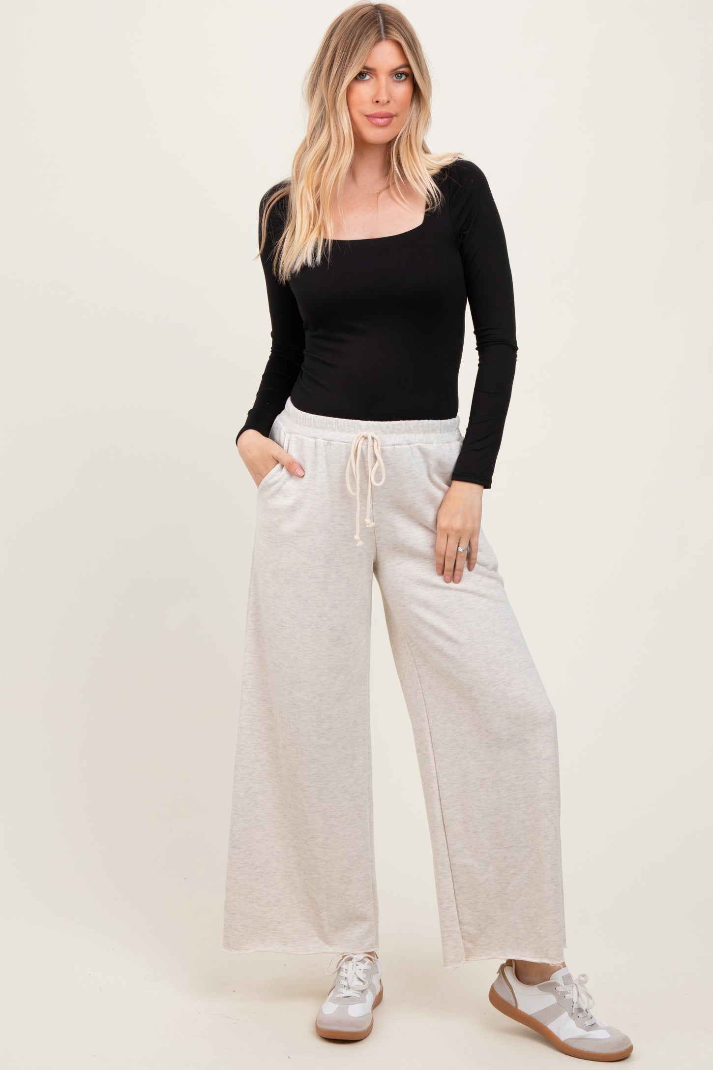 Beige French Terry Raw Edge Maternity Wide Leg Pants