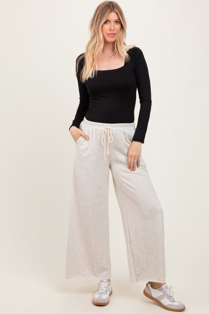 Beige French Terry Raw Edge Wide Leg Pants