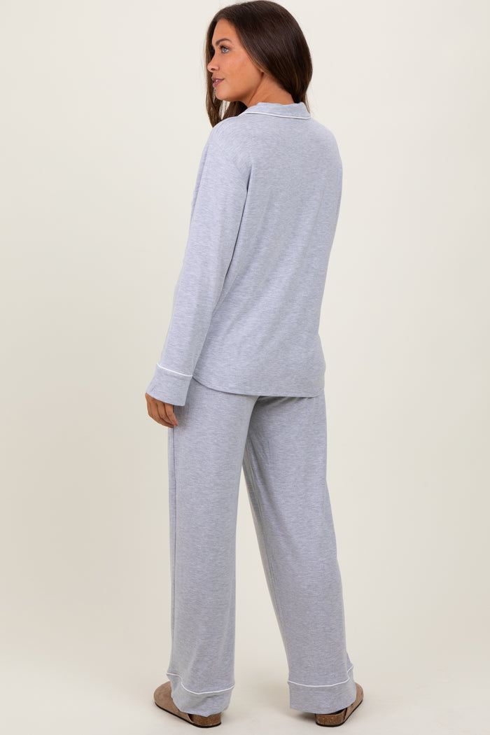 woman wearing a gray long sleeve maternity pajama set with matching pants, showcasing a relaxed fit from the back