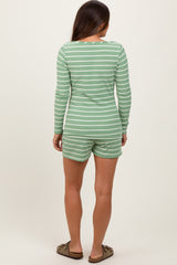 Green Striped Ribbed Long Sleeve Top Drawstring Short Maternity Set
