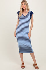 Light Blue Striped Ribbed Ruffle Sleeve Open Back Midi Dress