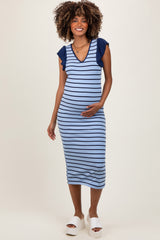 Light Blue Striped Ribbed Ruffle Sleeve Open Back Maternity Midi Dress