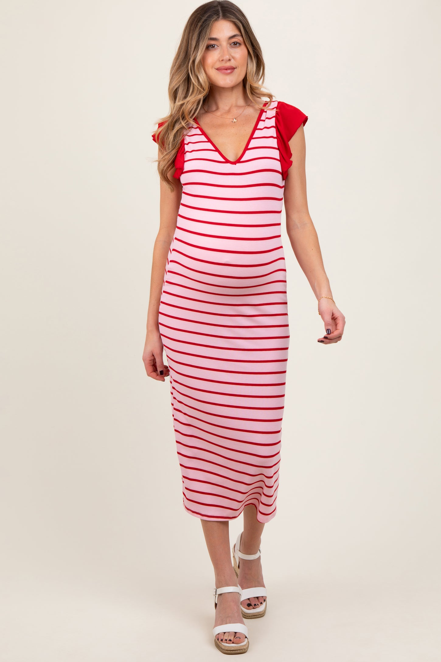 Light Pink Striped Ribbed Ruffle Sleeve Open Back Maternity Midi Dress
