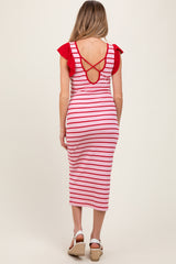 Light Pink Striped Ribbed Ruffle Sleeve Open Back Maternity Midi Dress