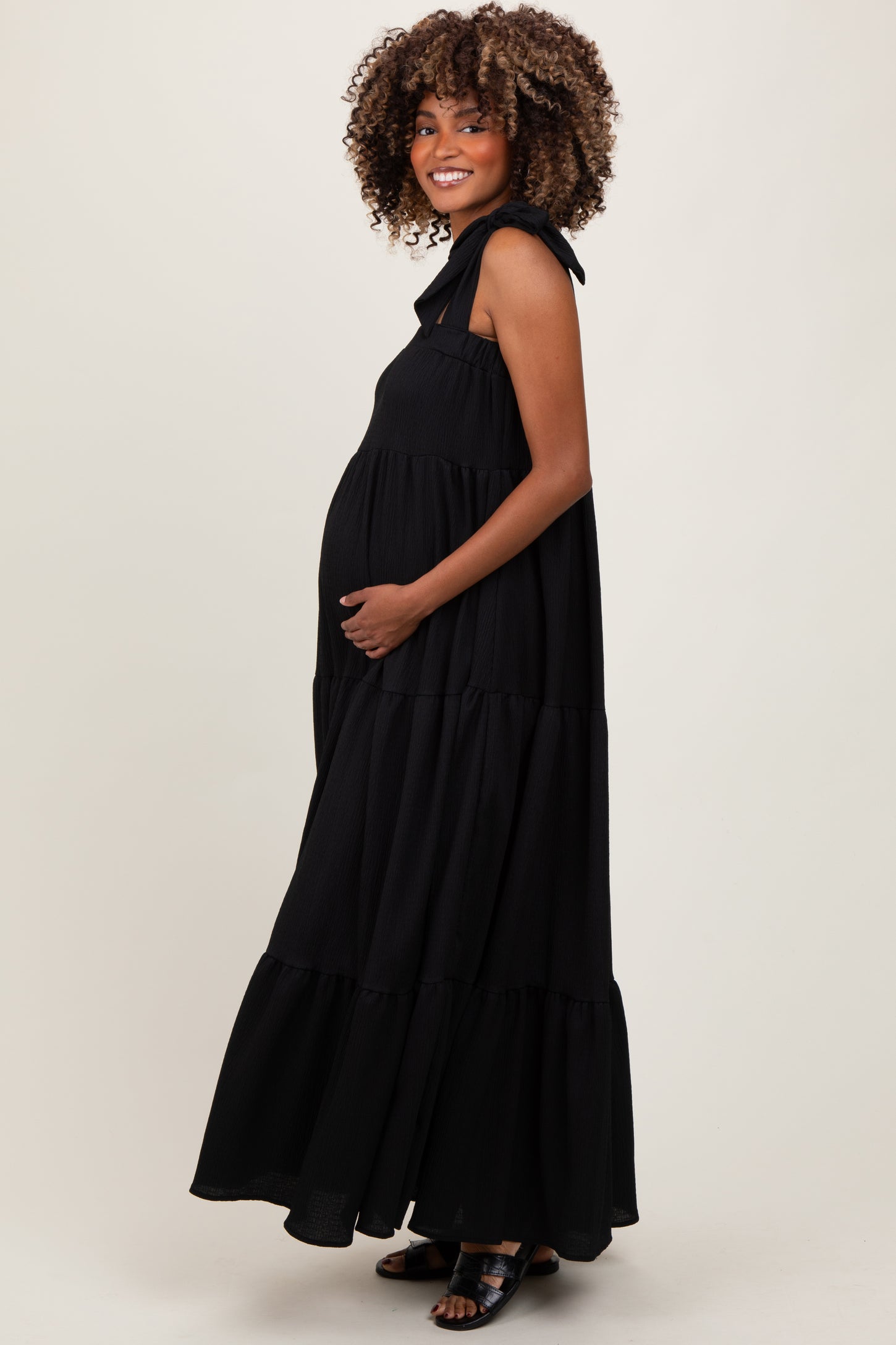 Black Shoulder Tie Tiered Maternity Maxi Dress