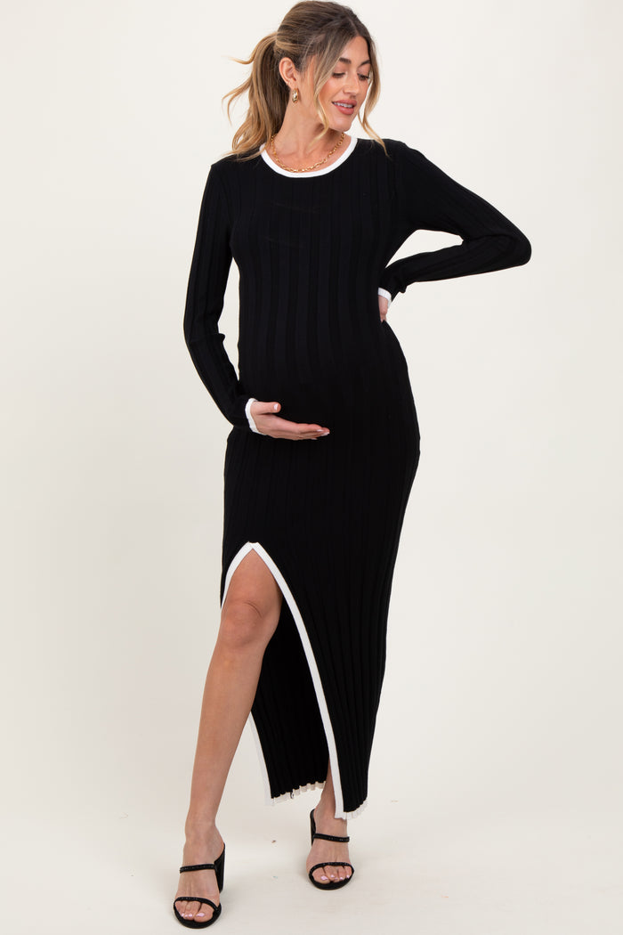 Black Wide Ribbed Knit Side Slit Maternity Maxi Dress