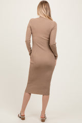 Light Taupe Mock Neck Fitted Ribbed Knit Midi Dress