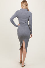 Heather Grey Cable Knit Button Up Midi Dress