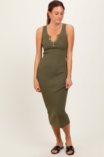 Olive Ribbed Fitted Sleeveless Snap Button Dress