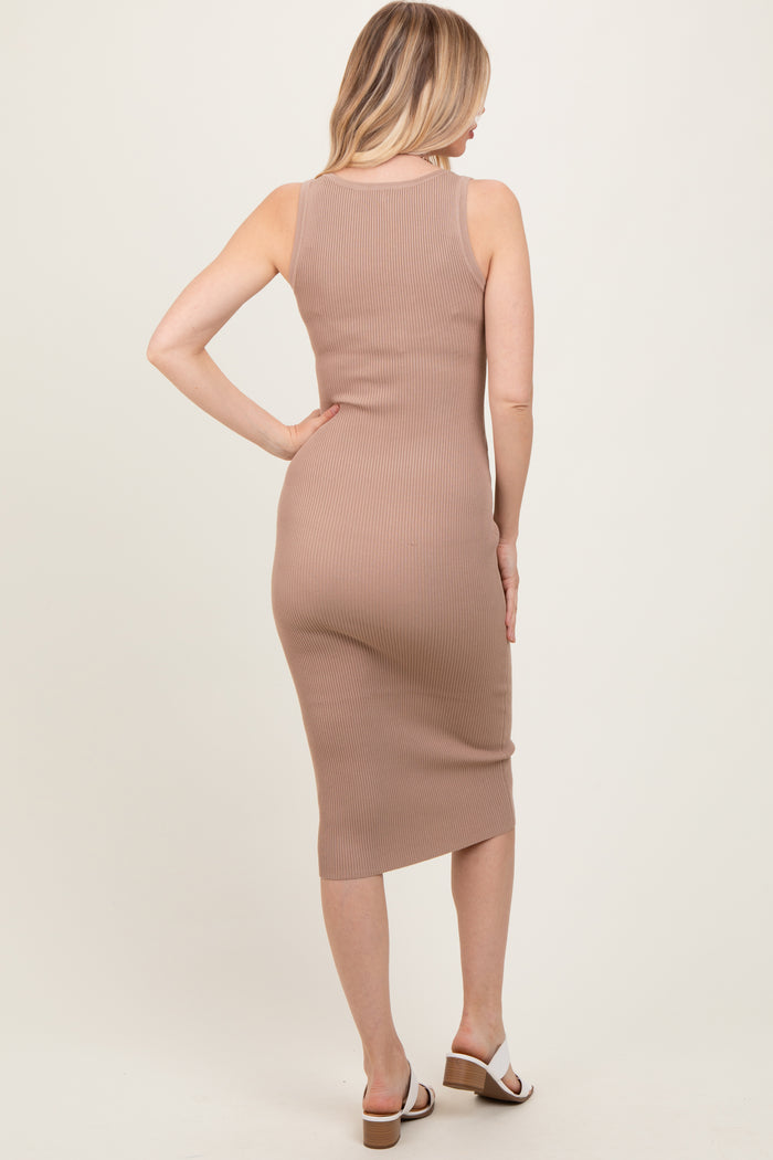 Light Taupe Ribbed Fitted Sleeveless Snap Button Dress